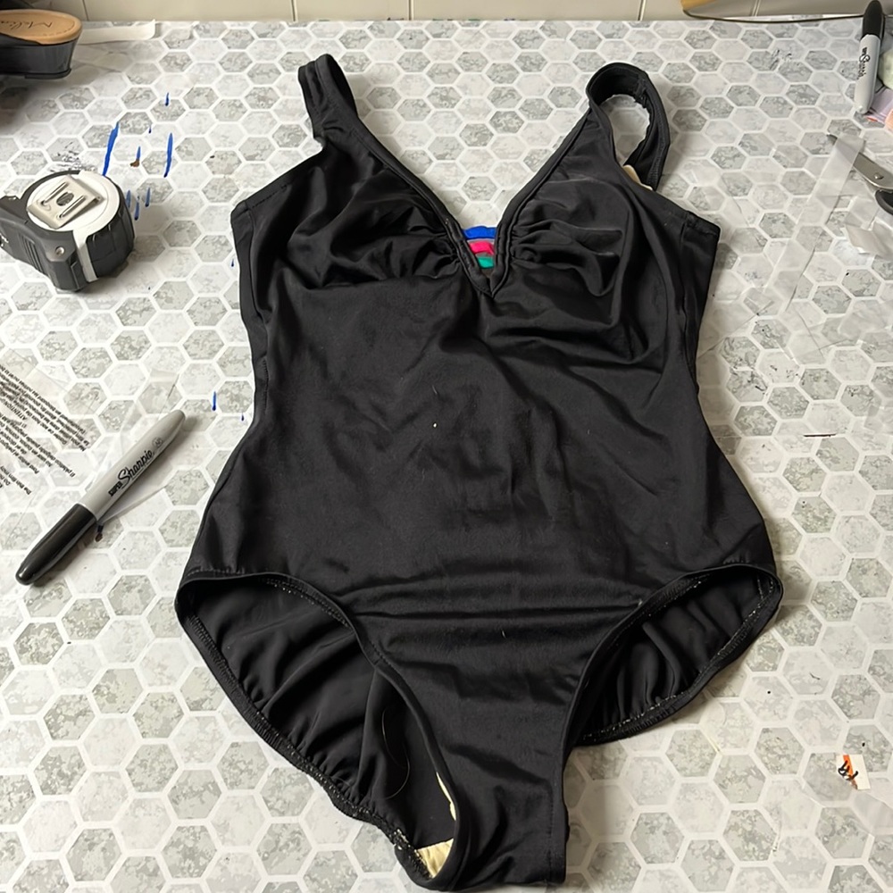 Vintage Lands End Medium Black Low Back Rainbow One Piece Swimsuit